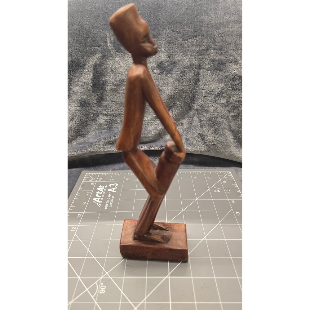 Vintage Hand Carved Wood African Drummer Statue Signed William Mid Century Art